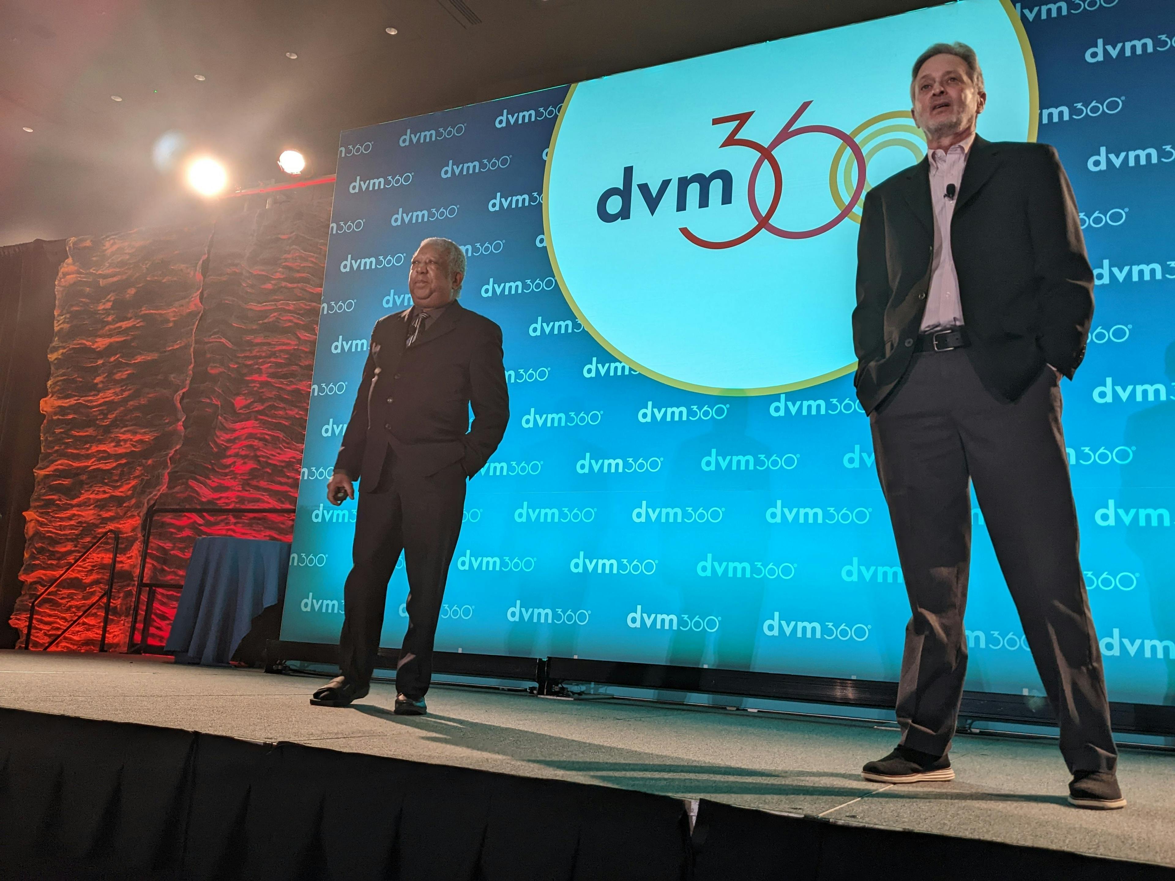Keynote speakers Philip Nelson, PhD (left) and Peter Weinstein, DVM, MBA (right) address the audience during the keynote adress on Friday, September 22, 2022 at Fetch dvm360® Conference in San Diego, California.
